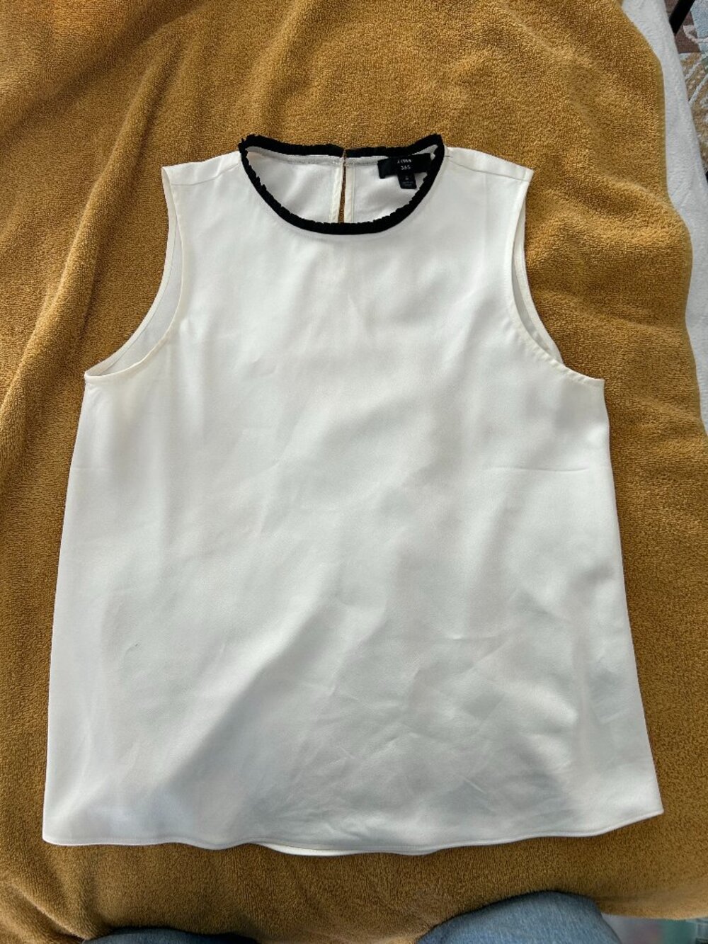 JCrew Sleeveless White Satiny Blouse with Black Ruffle Collar, Size Small